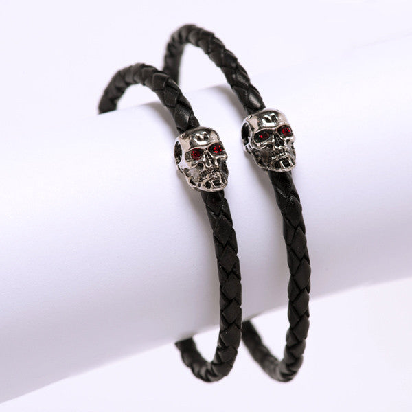 Skull Bracelet: Braided Leather