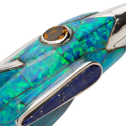 Silver & opal rocket ship pendant