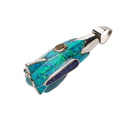 Silver & opal rocket ship pendant - museum of robots
