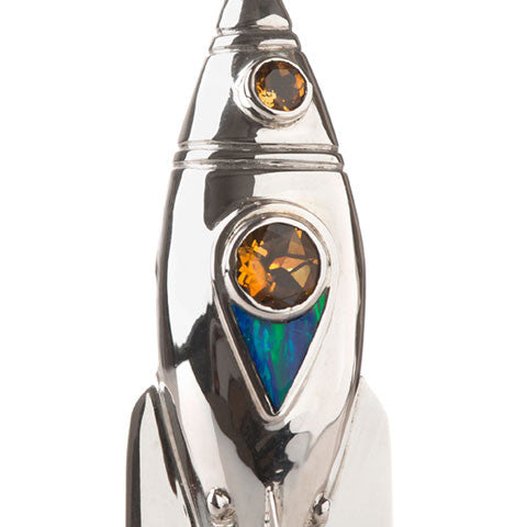 Silver rocket ship pendant with citrine & opal - museum of robots