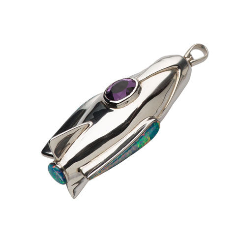 Silver rocket ship pendant with amethyst & opal - museum of robots