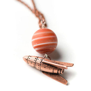 Copper Rocketship and Planet Pendant - museum of robots