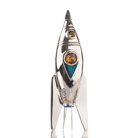 Silver rocket ship pendant with citrine & opal - museum of robots
